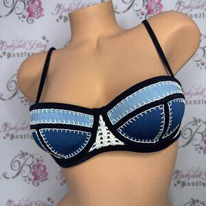 Triangl swimwear top bikini denim jean crochet blue navy cream snap back closure